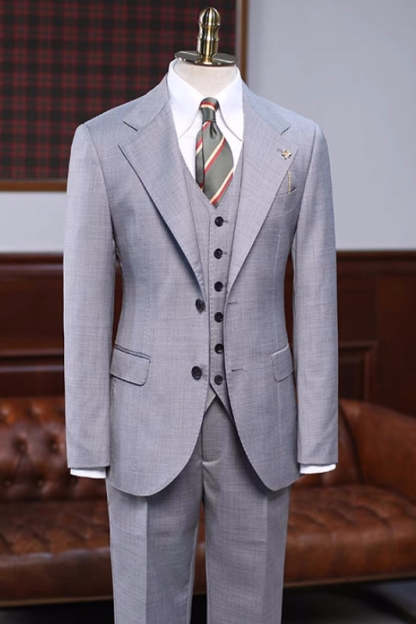 Gray Formal Notched Lapel Three-Piece Business Suit
