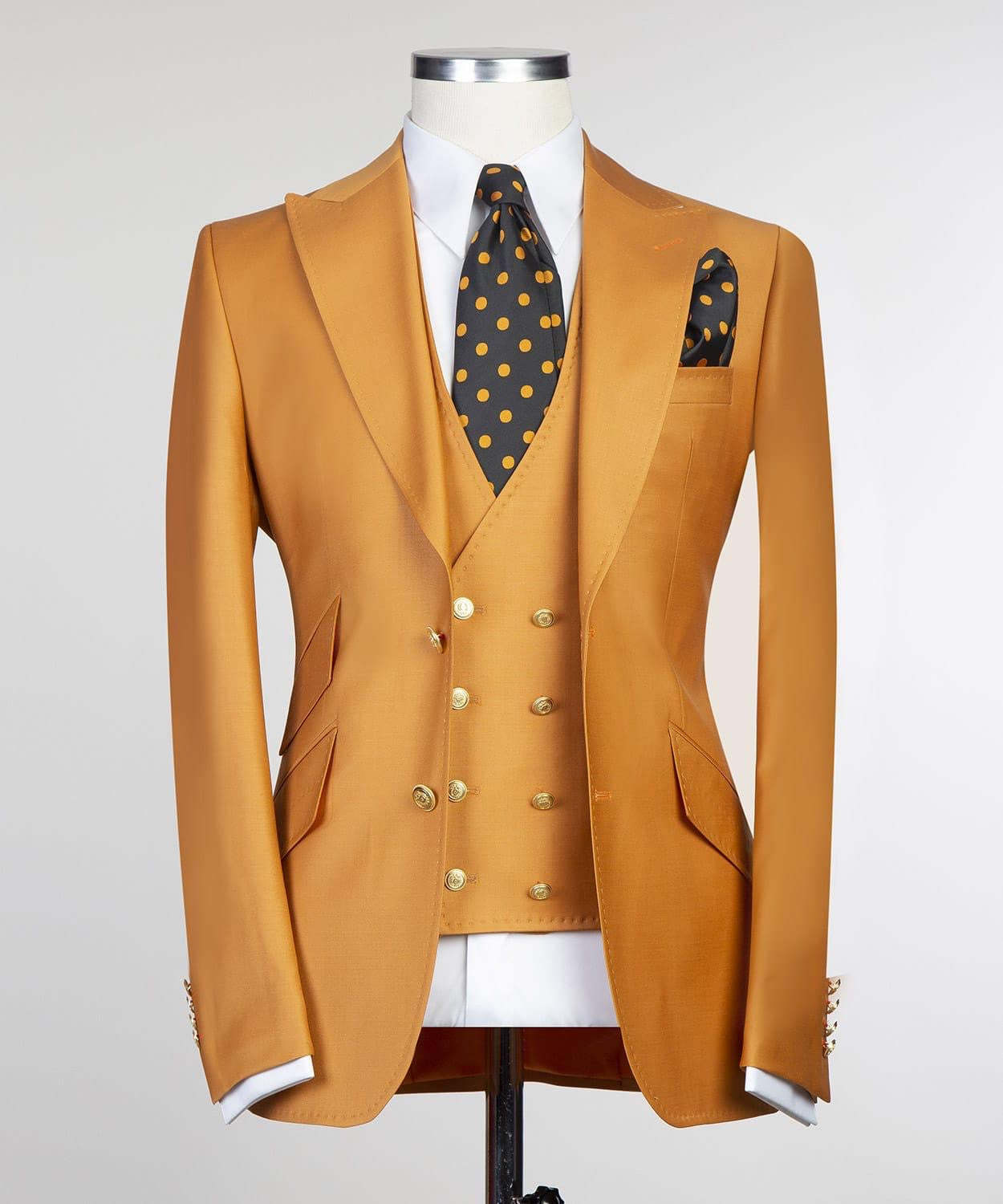 New Dark Yellow Peak Lapel Three-Piece Fashionable Men’s Suits