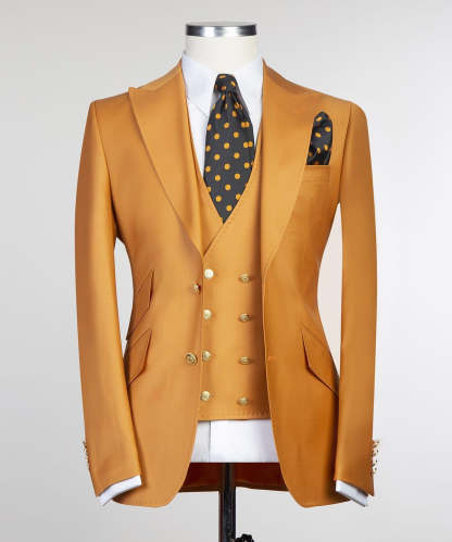 New Dark Yellow Peak Lapel Three-Piece Fashionable Men’s Suits