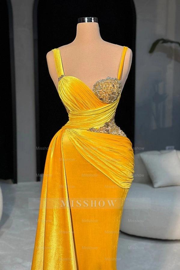 Bright Yellow Sweetheart Sleeveless Mermaid Evening Dress with Rhinestones and Panel Train