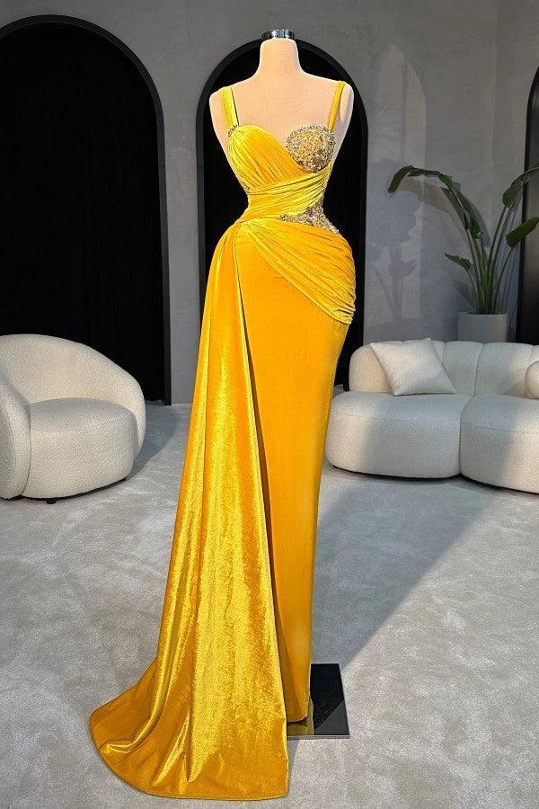 Bright Yellow Sweetheart Sleeveless Mermaid Evening Dress with Rhinestones and Panel Train