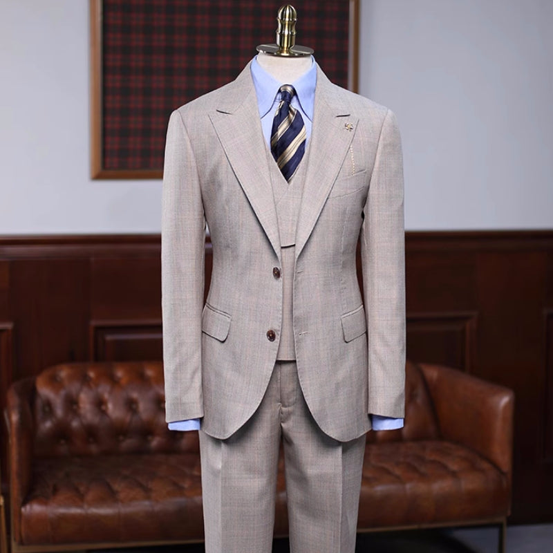 Exclusive Khaki Checkered Peaked Lapel Three-Piece Prom Outfit