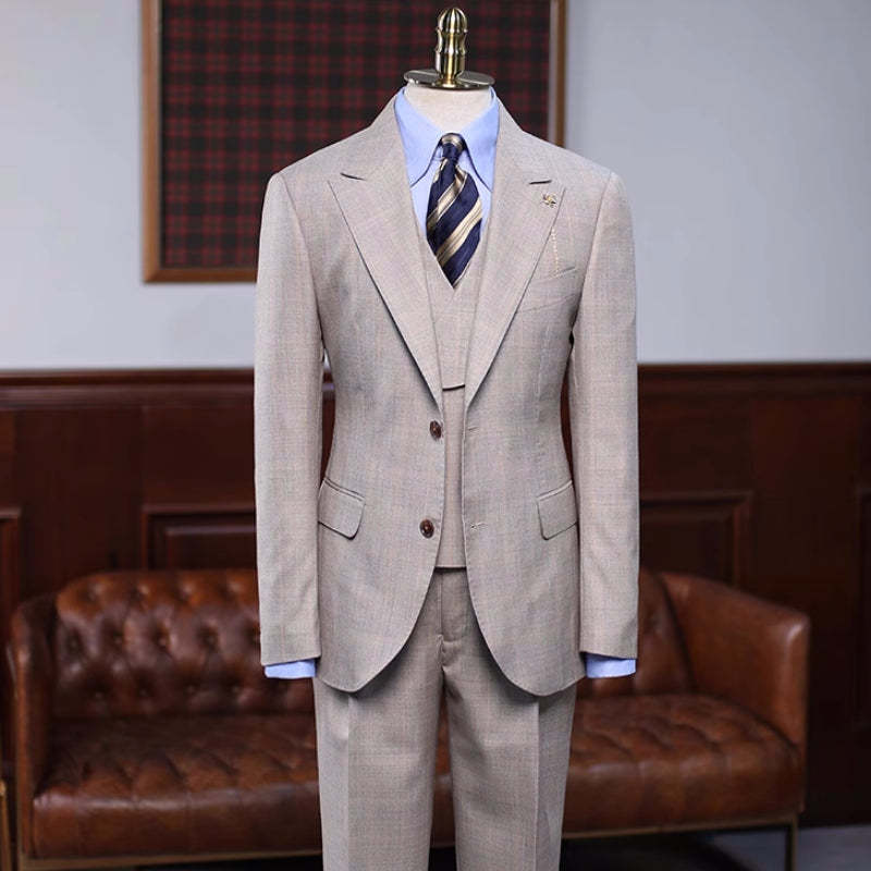 Exclusive Khaki Checkered Peaked Lapel Three-Piece Prom Outfit