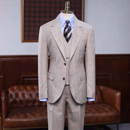 Exclusive Khaki Checkered Peaked Lapel Three-Piece Prom Outfit