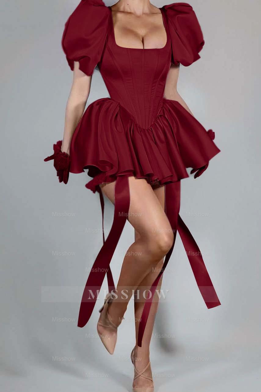 Bubble Sleeves Square Neck Short Formal Dress With Ruffles Pleated