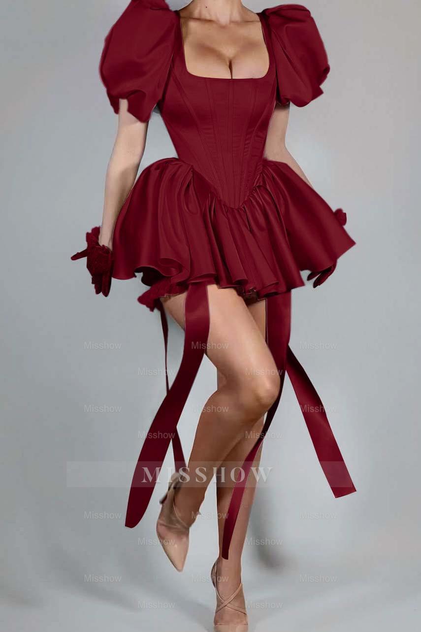 Bubble Sleeves Square Neck Short Formal Dress With Ruffles Pleated