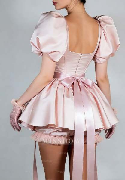 Bubble Sleeves Square Neck Short Formal Dress With Ruffles Pleated