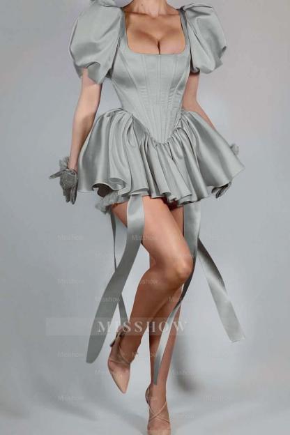 Bubble Sleeves Square Neck Short Formal Dress With Ruffles Pleated