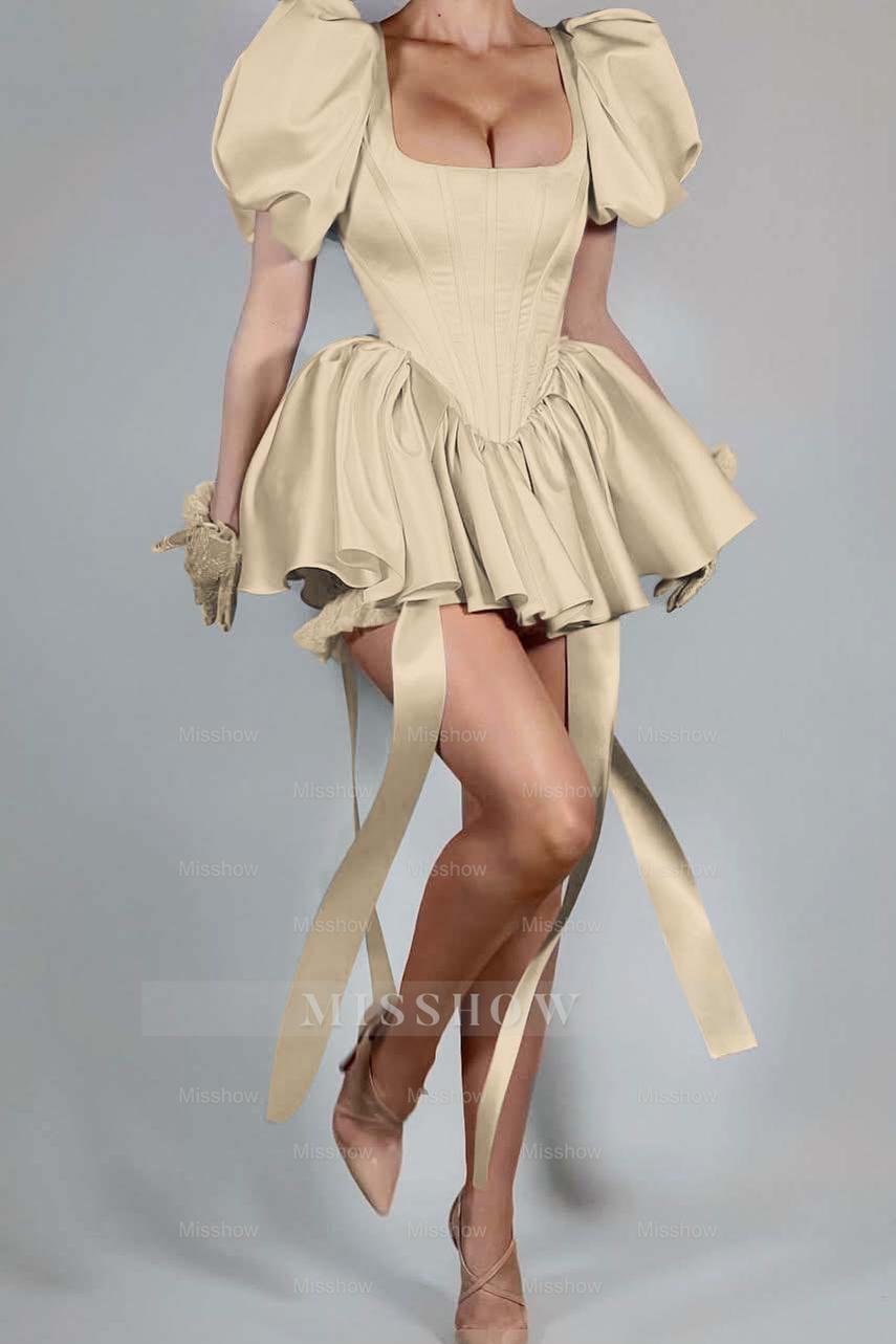 Bubble Sleeves Square Neck Short Formal Dress With Ruffles Pleated