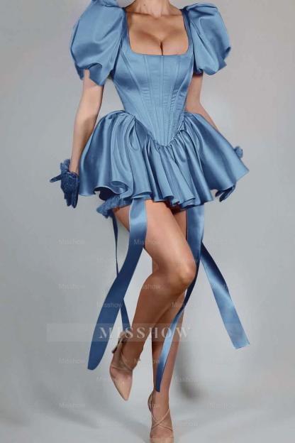 Bubble Sleeves Square Neck Short Formal Dress With Ruffles Pleated