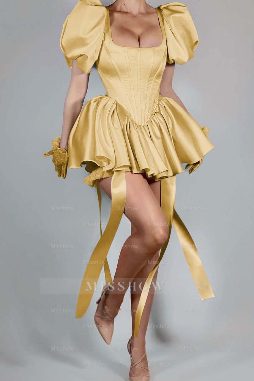 Bubble Sleeves Square Neck Short Formal Dress With Ruffles Pleated