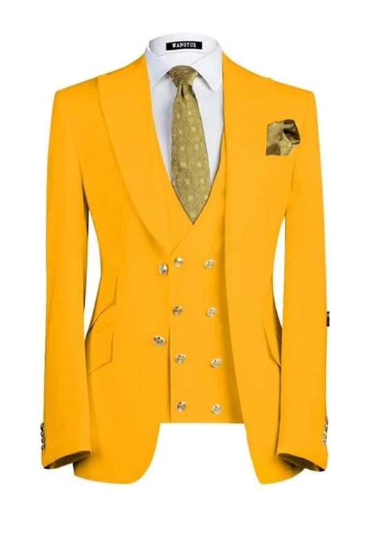 Modern Yellow Three-Piece Peaked Lapel Prom Ensemble for Men