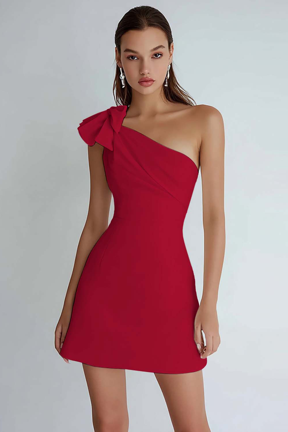 Ivory Satin A Line One Shoulder Short Cocktail Dress With Bow