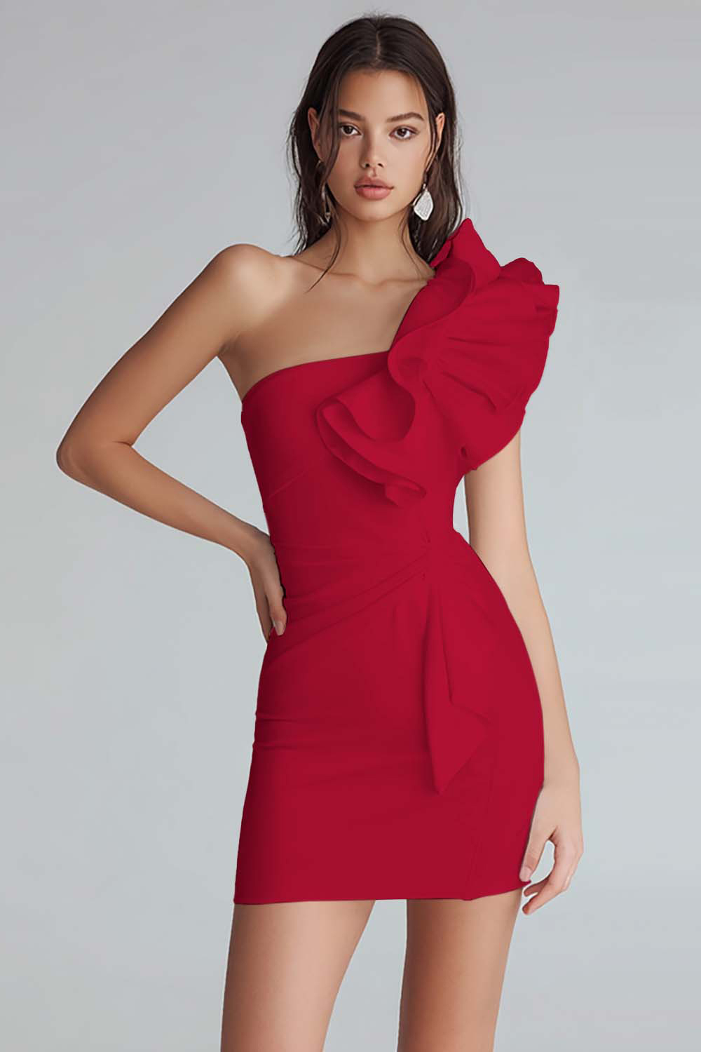 Ivory Satin Satin One Shoulder Short Tight Cocktail Dress With Ruffles