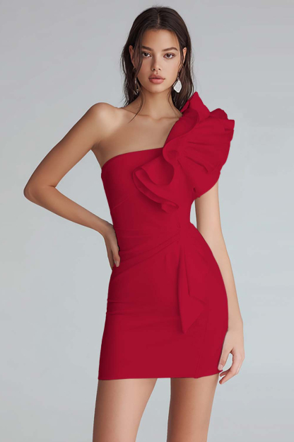 Ivory Satin Satin One Shoulder Short Tight Cocktail Dress With Ruffles