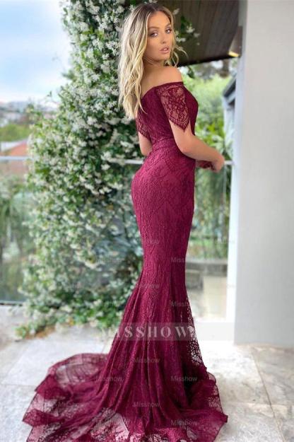 Burgundy Off the Shoulder Short Sleeves Mermaid Formal Dress With Applique