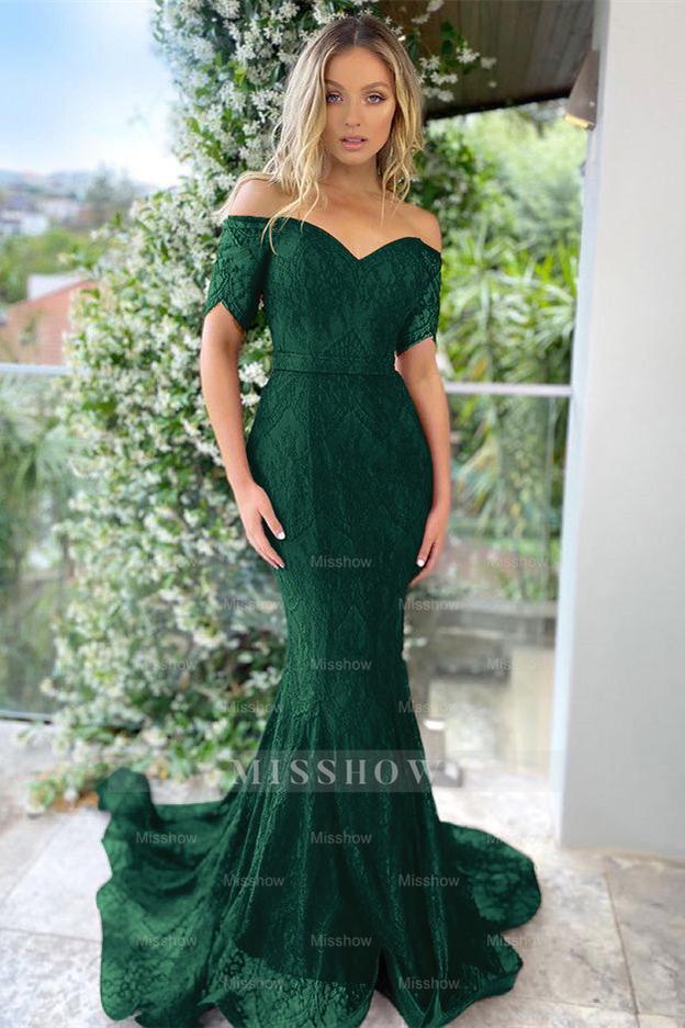Burgundy Off the Shoulder Short Sleeves Mermaid Formal Dress With Applique