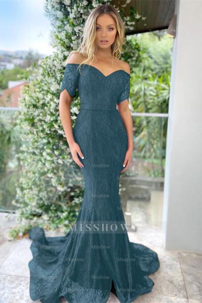 Burgundy Off the Shoulder Short Sleeves Mermaid Formal Dress With Applique