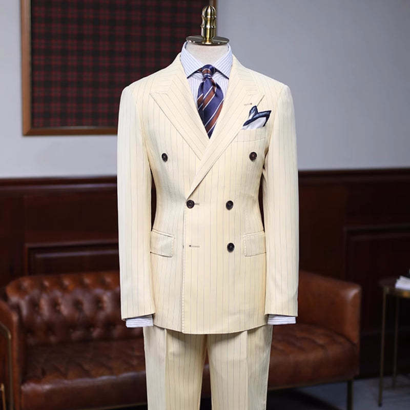 Stylish Ivory Peaked Lapel Double Breasted Striped Prom Ensemble