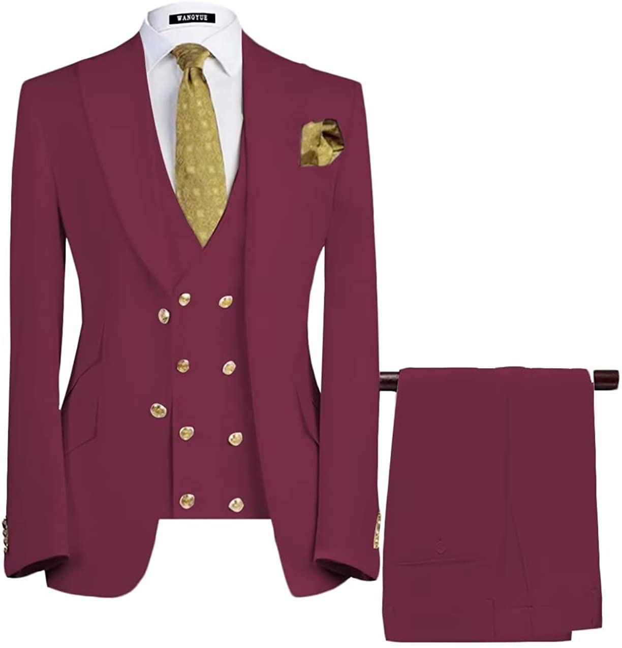 Latest Burgundy Three-Piece Men's Peaked Lapel Suit For Prom