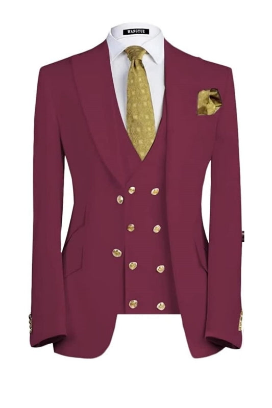 Latest Burgundy Three-Piece Men's Peaked Lapel Suit For Prom