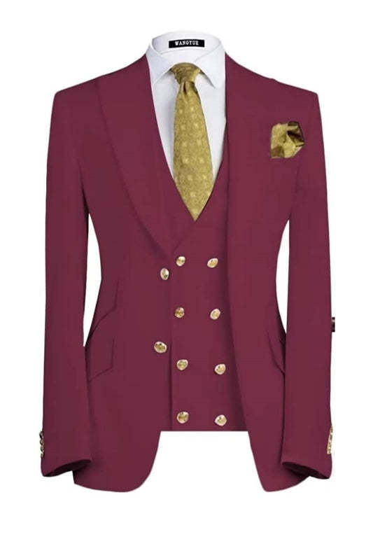 Latest Burgundy Three-Piece Men's Peaked Lapel Suit For Prom