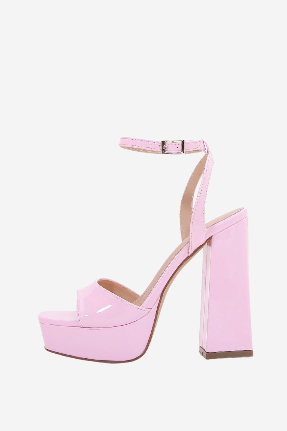 Pink chunky high-heel sandals with a single strap