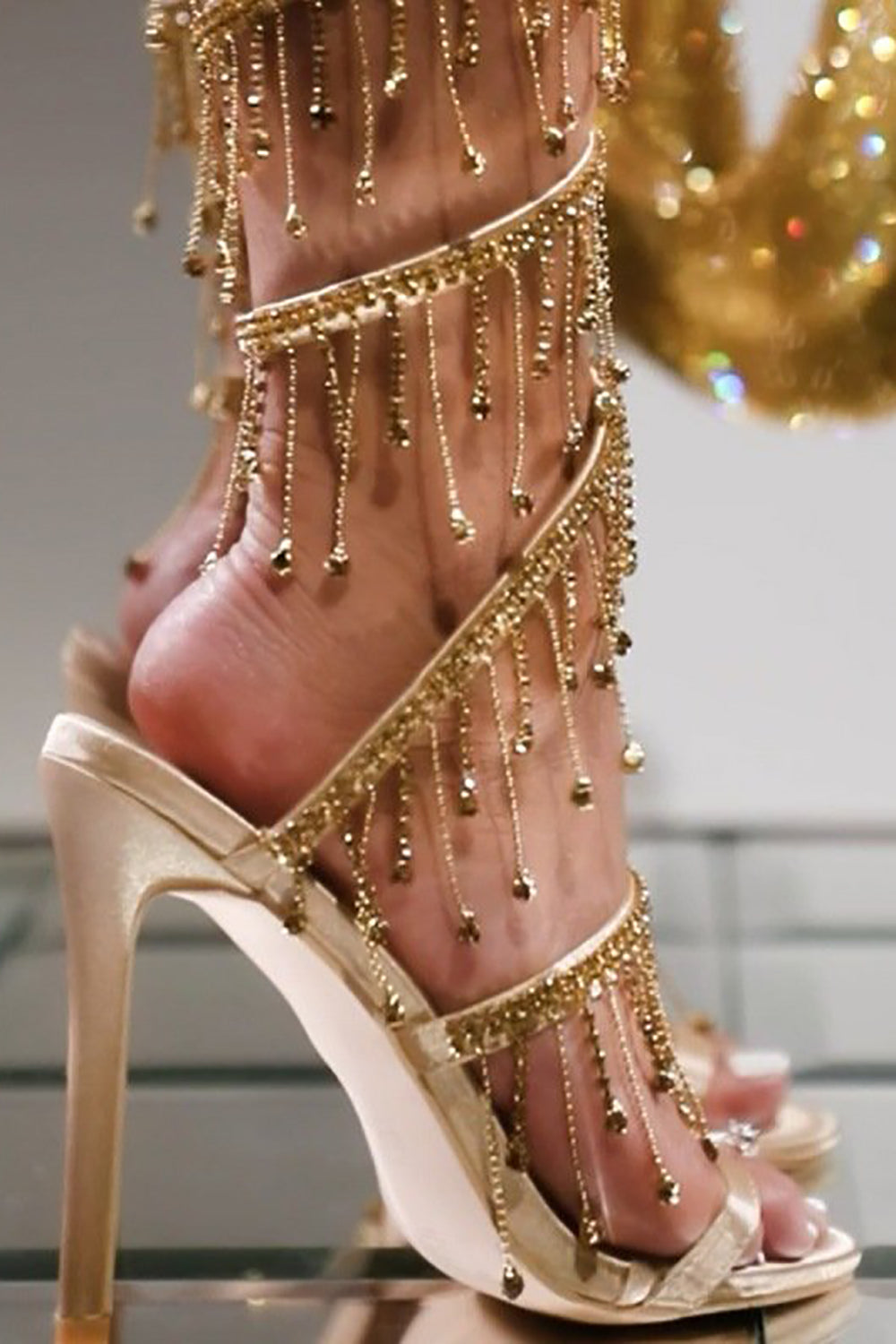 Strappy High Heel Sandals with Sparkly Golden Tassel