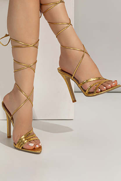 Lace-up Stiletto Sandals in Golden with Open Toe