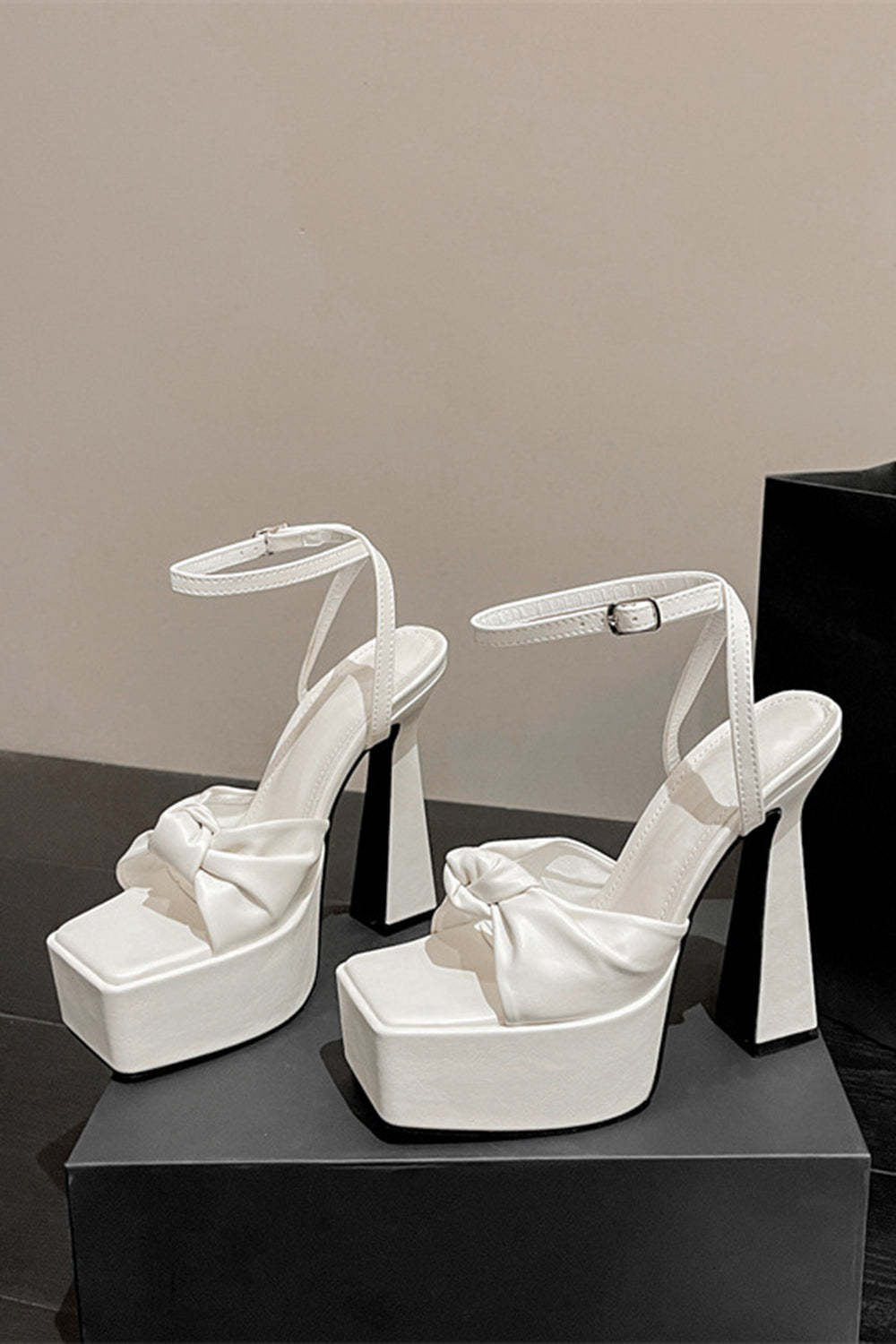 High Heel Sandals in White with Chunky Bow