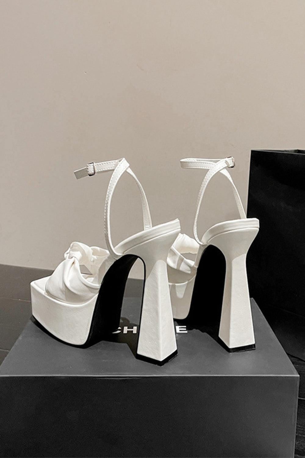 High Heel Sandals in White with Chunky Bow