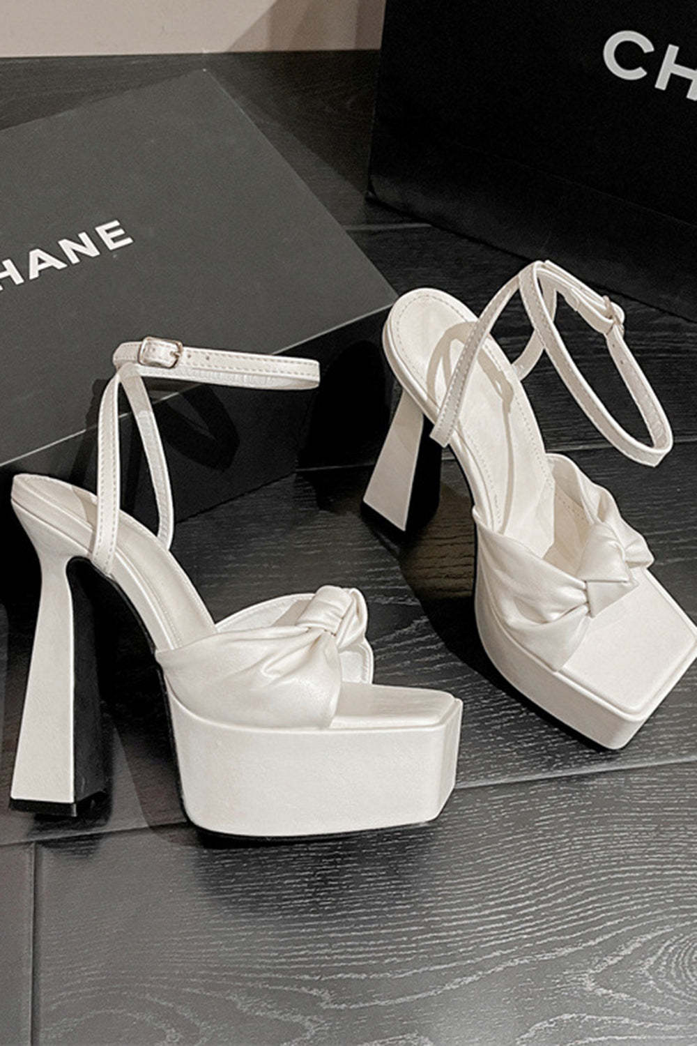 High Heel Sandals in White with Chunky Bow