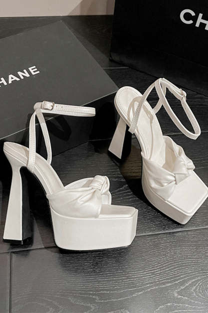 High Heel Sandals in White with Chunky Bow