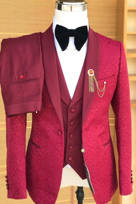 Stylish Red Shawl Collar Three-Piece Jacquard Wedding Ensemble