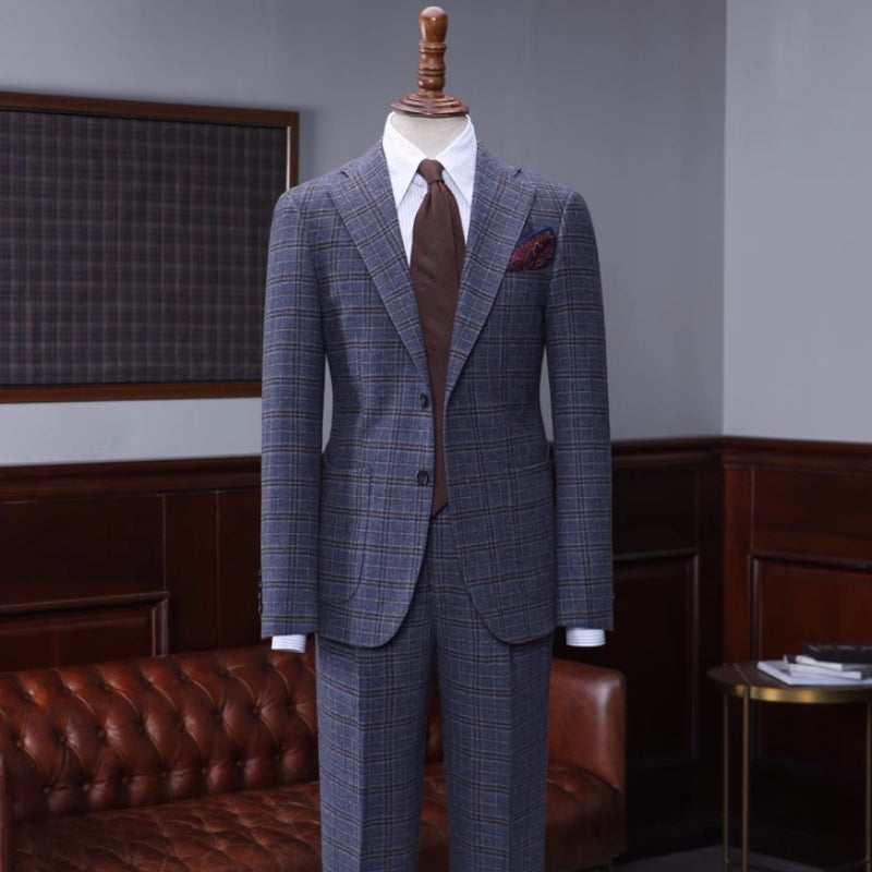 Bespoke Navy Checkered Notch Lapel Business Suit
