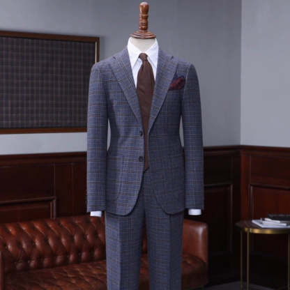 Bespoke Navy Checkered Notch Lapel Business Suit