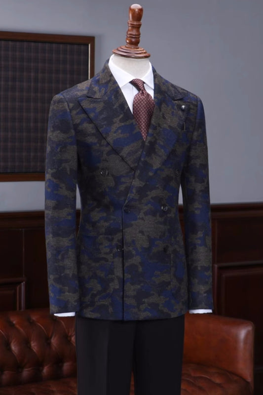 Exclusive Navy Blue Peaked Lapel Double Breasted Jacquard Prom Attire
