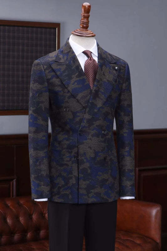 Exclusive Navy Blue Peaked Lapel Double Breasted Jacquard Prom Attire