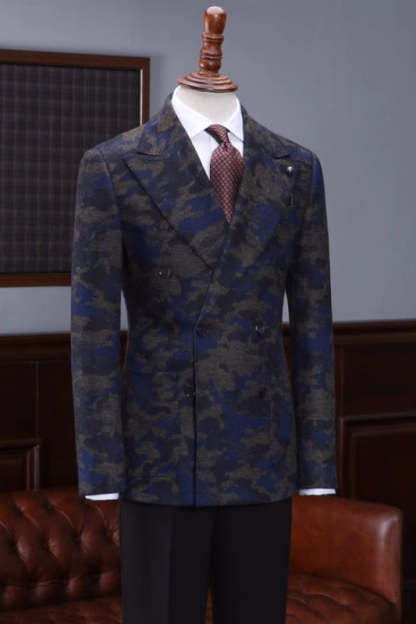 Exclusive Navy Blue Peaked Lapel Double Breasted Jacquard Prom Attire