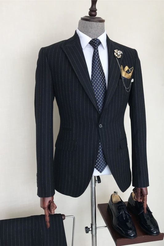 Formal Navy Blue Striped Peaked Lapel Business Suit