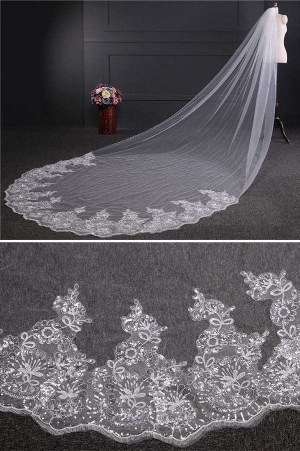 Cathedral Luxury Princess Tulle Lace Sequin Trim Edge 4*1.8M Wedding Veils with Sequined