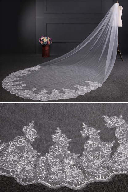 Cathedral Luxury Princess Tulle Lace Sequin Trim Edge 4*1.8M Wedding Veils with Sequined