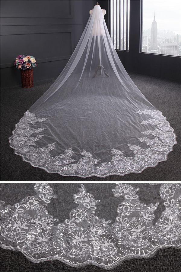 Cathedral Luxury Princess Tulle Lace Sequin Trim Edge 4*1.8M Wedding Veils with Sequined