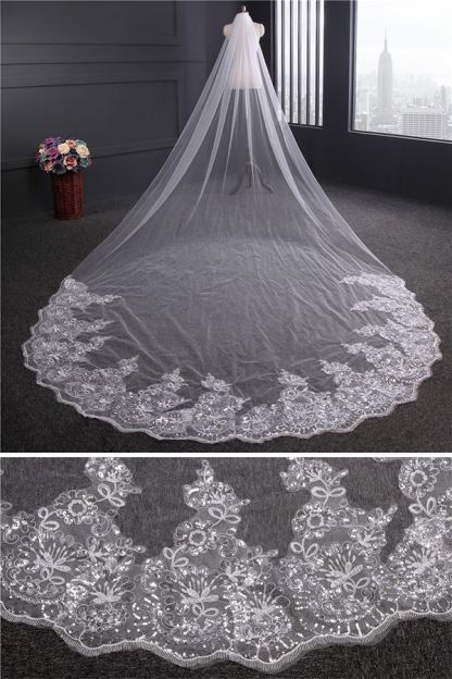 Cathedral Luxury Princess Tulle Lace Sequin Trim Edge 4*1.8M Wedding Veils with Sequined