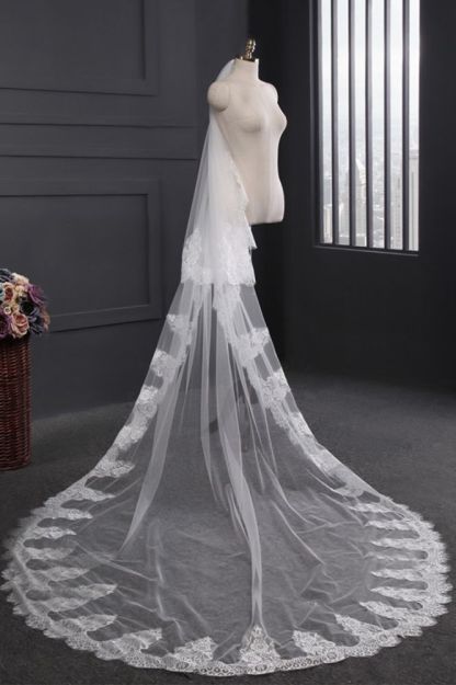 Cathedral Tulle Scalloped Edge 3*1.5M Wedding Veils with Appliques