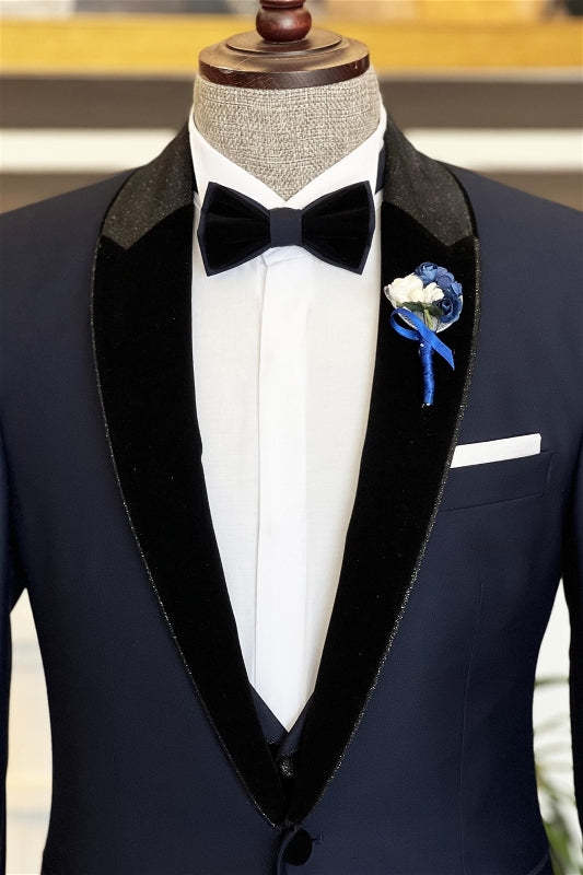 Fancy Navy Blue Peaked Lapel Two-Piece Prom Suit
