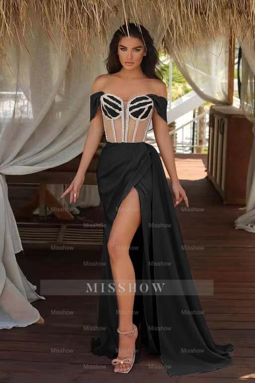 Champagne Ruffles Mermaid Formal Dress Beadings Split With Off the Shoulder