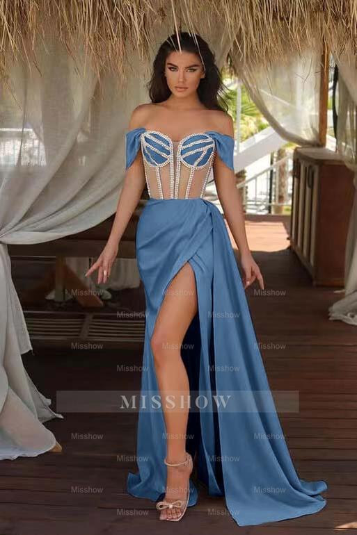 Champagne Ruffles Mermaid Formal Dress Beadings Split With Off the Shoulder