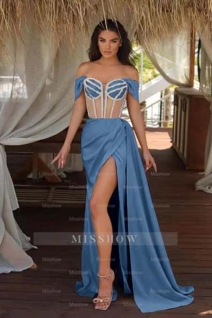 Champagne Ruffles Mermaid Formal Dress Beadings Split With Off the Shoulder