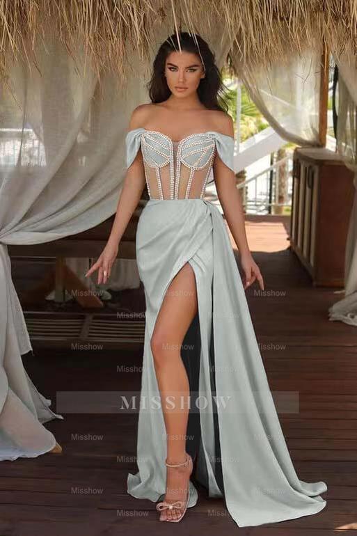 Champagne Ruffles Mermaid Formal Dress Beadings Split With Off the Shoulder